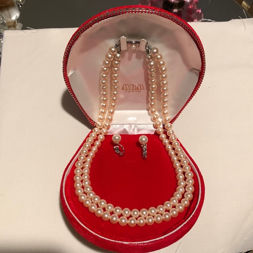 MDM Tokyo Two Strand Pearls & Screw On One Pearl Earrings